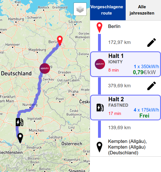 Die berechnete Route zeigt die Haltestellen, an denen Sie aufladen können, und die alternative Route (falls vorhanden).