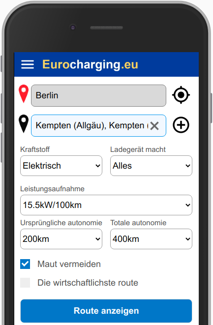 Wählen Sie Herkunftsort, Zielort, Kraftstoffart, Verbrauch, Anfangsautonomie und Gesamtautonomie Ihres Fahrzeugs aus, um die effizienteste Route zu berechnen.