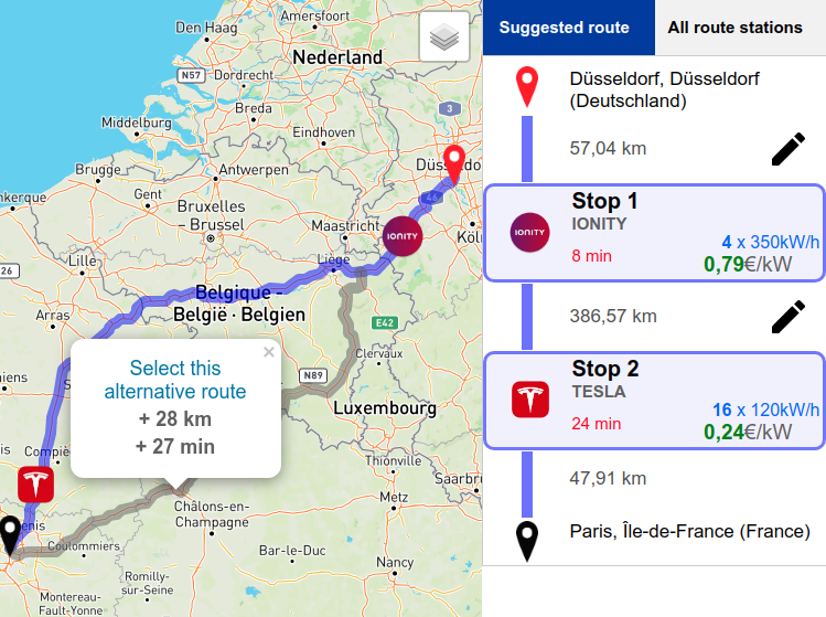 The planned route shows the stops where you can charge and the alternative route (if any)