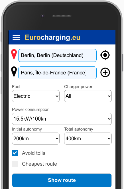 Select origin city, destination city, fuel type, consumption, initial autonomy and total autonomy of your vehicle to plan the most efficient route.