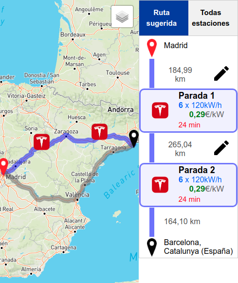 En la ruta calculada se muestran las paradas donde hacer tu recarga y la ruta alternativa (si existiese)