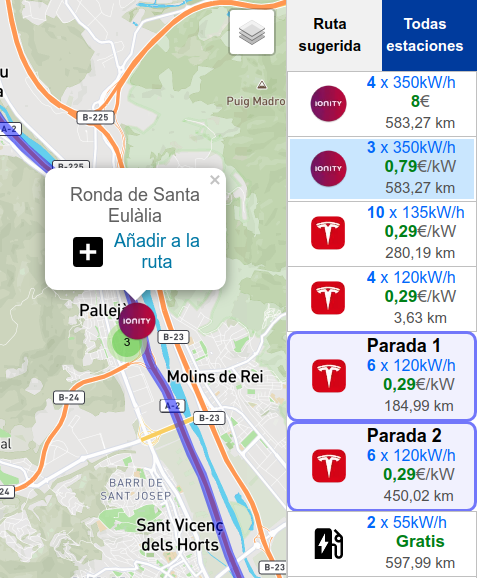 Se puede seleccionar cualquier otra parada a lo largo de la ruta para volver a calcular el coste total