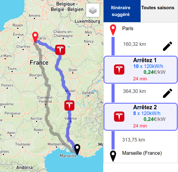 L'itinéraire calculé montre les arrêts où vous pouvez recharger et l'itinéraire alternatif (le cas échéant)