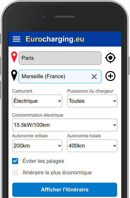 Sélectionnez la ville d'origine, la ville de destination, le type de carburant, la consommation, l'autonomie initiale et l'autonomie totale de votre véhicule pour calculer l'itinéraire le plus efficace.