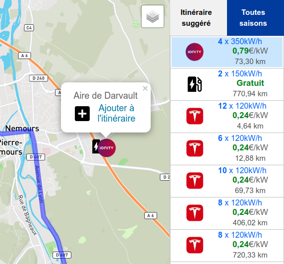 Tout autre arrêt le long de l'itinéraire peut être sélectionné pour recalculer le coût total