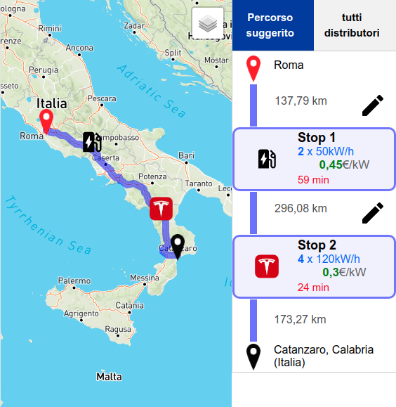 Il percorso calcolato mostra le soste dove è possibile ricaricare e il percorso alternativo (se presente)