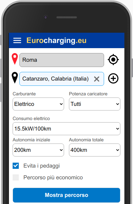 Seleziona città di partenza, città di destinazione, tipo di carburante, consumi, autonomia iniziale e totale autonomia del tuo veicolo per calcolare il percorso più efficiente.