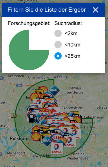 Filtern Sie die Liste der Tankstellen nach Fläche und Suchradius