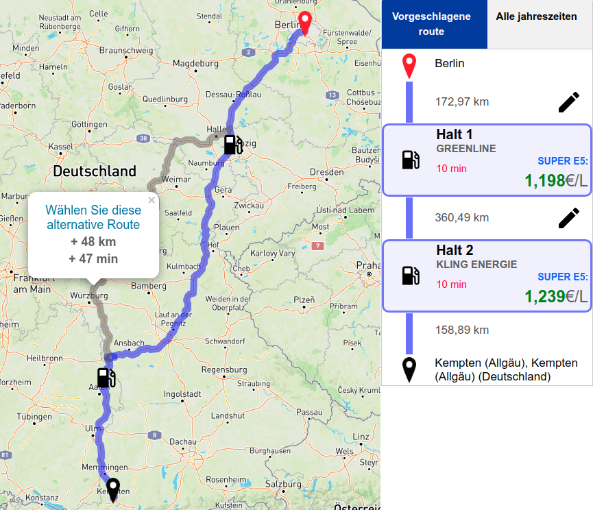 Die berechnete Route zeigt die Haltestellen, an denen getankt werden muss, und die alternative Route (falls vorhanden).