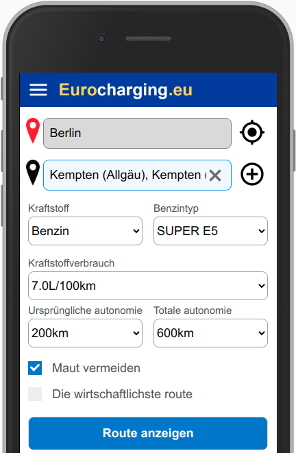 Wählen Sie die Herkunftsstadt, Zielstadt, Kraftstoffart, den Verbrauch, die anfängliche Autonomie und die vollständige Autonomie Ihres Fahrzeugs aus, um die effizienteste Route zu berechnen.