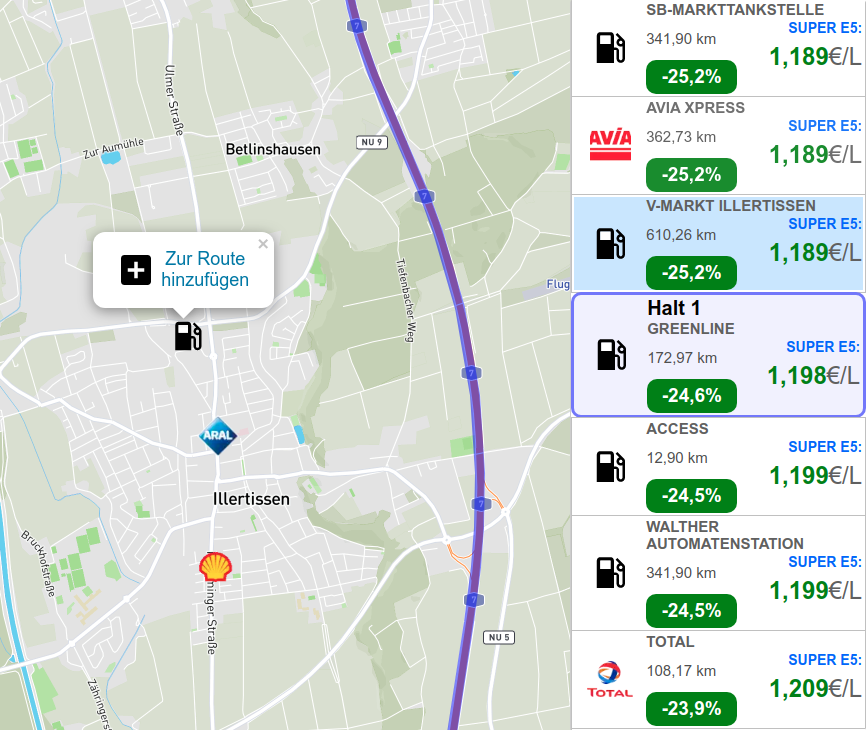 Jeder andere Stopp entlang der Route kann ausgewählt werden, um die Gesamtkosten neu zu berechnen