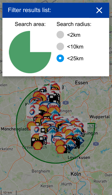 Filter the list of gas stations by areas and search radius