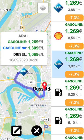 Nearby gas stations order by price and price difference with other gas stations in the area