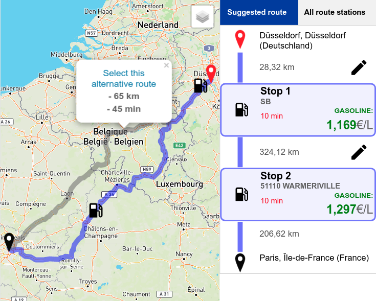 In the planned route, the stops where to respond and the alternative route (if any) are shown