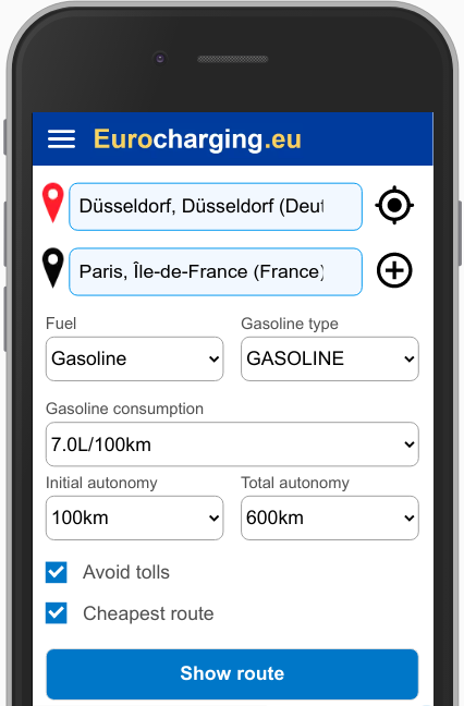 Select origin city, destination city, fuel type, consumption, initial autonomy and total autonomy of your vehicle to plan the most efficient route.