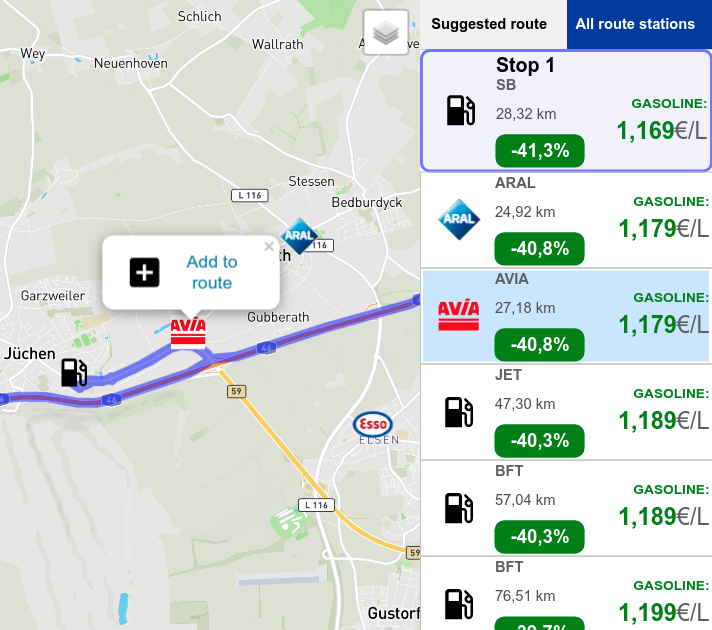 Any other stop along the route can be selected to re-plan the total cost