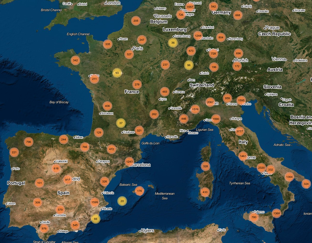 Mapa de Europa con todas las estaciones de servicio con los precios actualizados que hay en Eurocharging.eu