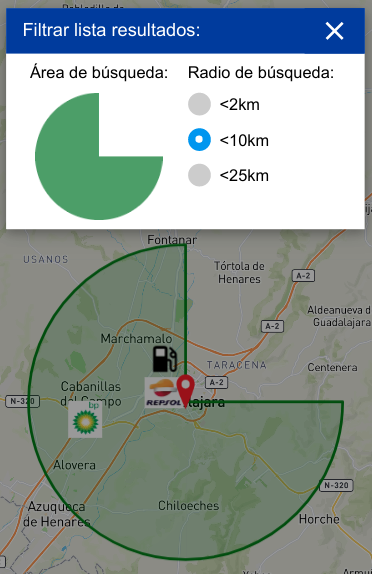 Filtra la lista de gasolineras por áreas y radio de búsqueda