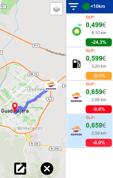 Gasolineras cercanas ordenas por precio y diferencia de precio con otras gasolineras de la zona