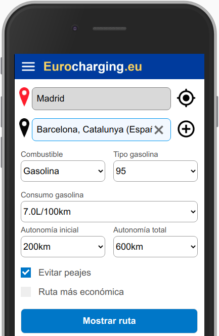 Selecciona localidad origen, localidad destino, tipo de combustible, consumo, autonomía inicial y autonomía total de tu vehículo para calcular la ruta más eficiente.