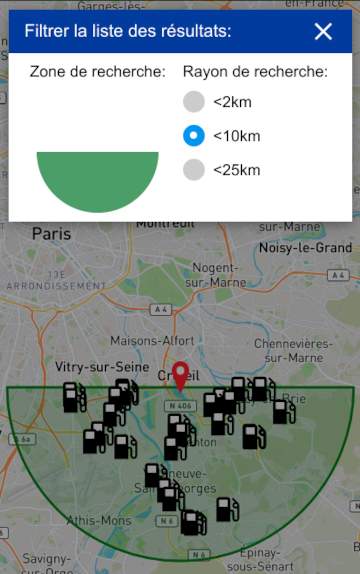 Filtrer la liste des stations-service par zone et rayon de recherche