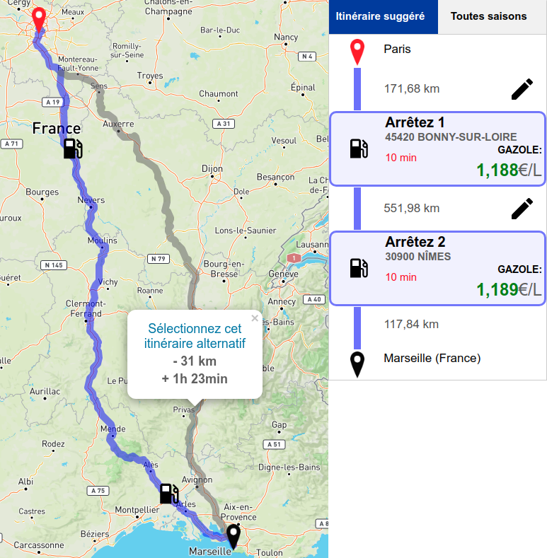 L'itinéraire calculé montre les arrêts où faire le plein et l'itinéraire alternatif (le cas échéant)