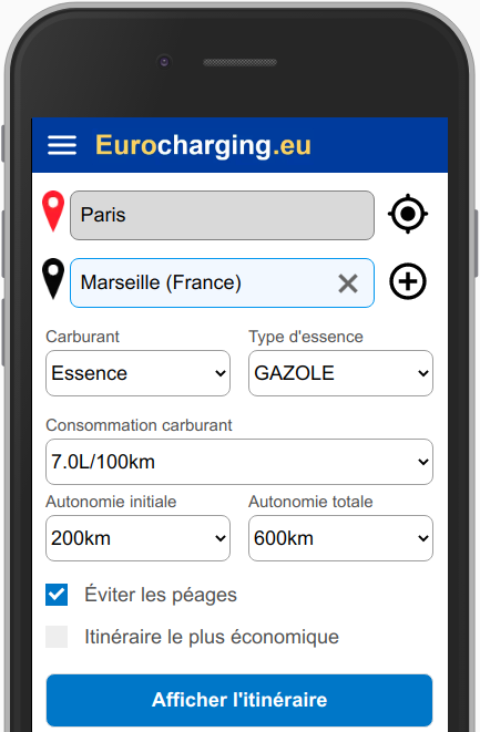 Sélectionnez la ville d'origine, la ville de destination, le type de carburant, la consommation, l'autonomie initiale et l'autonomie totale de votre véhicule pour calculer l'itinéraire le plus efficace.