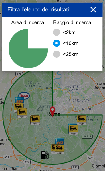 Filtra l'elenco delle stazioni di servizio per area e raggio di ricerca