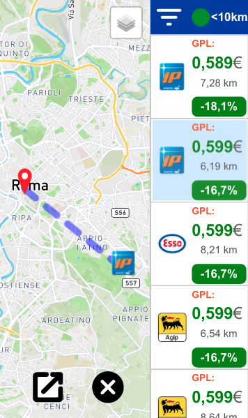 I distributori di benzina nelle vicinanze ordinano per prezzo e differenza di prezzo con altri distributori di benzina della zona