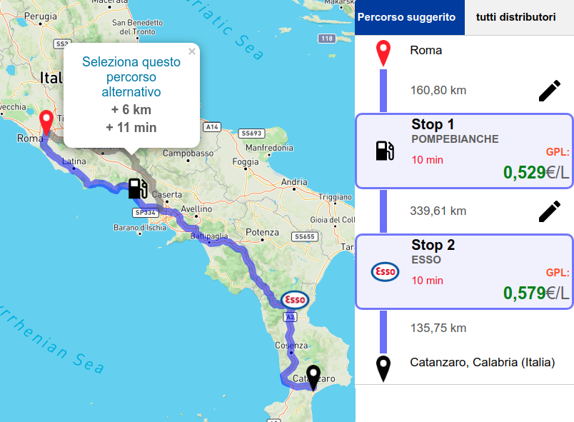 Il percorso calcolato mostra le fermate dove fare rifornimento e il percorso alternativo (se presente)