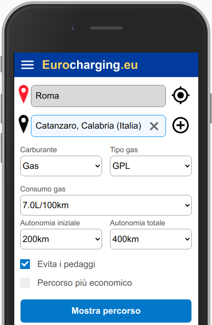 Seleziona la città di origine, la città di destinazione, il tipo di carburante, i consumi, l'autonomia iniziale e l'autonomia totale del tuo veicolo per calcolare il percorso più efficiente.